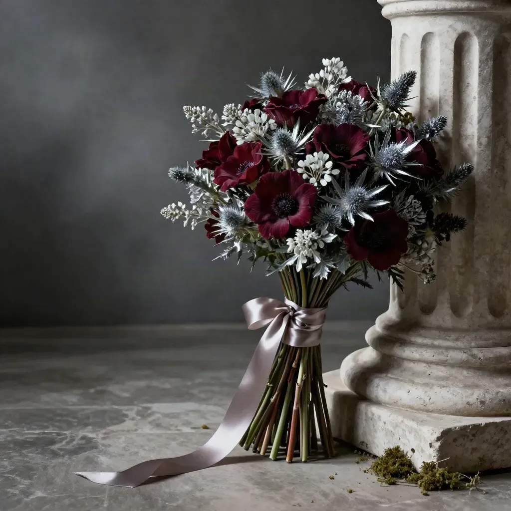 Starfall bouquet of burgundy blooms, silver thistle and pale astrantia on a stone pedestal.