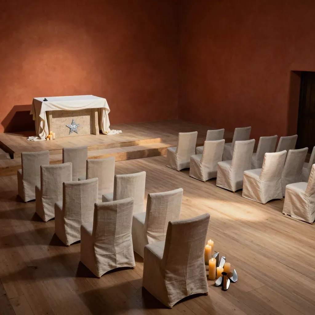 Completed celestial ceremony room with candles, draped fabric, chairs, and a moonlit altar.
