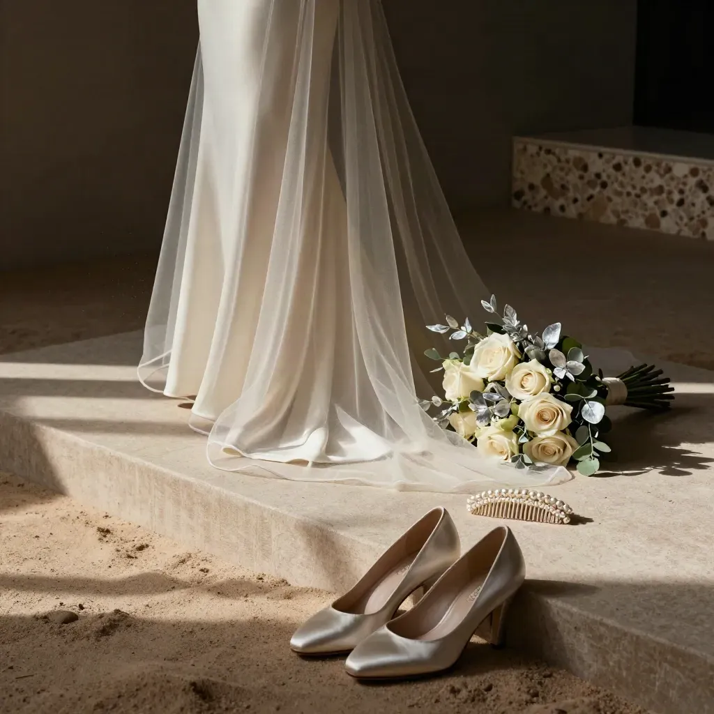 Bridal gown, veil, shoes, pearl comb, and bouquet on a dressing platform under soft slanting light.