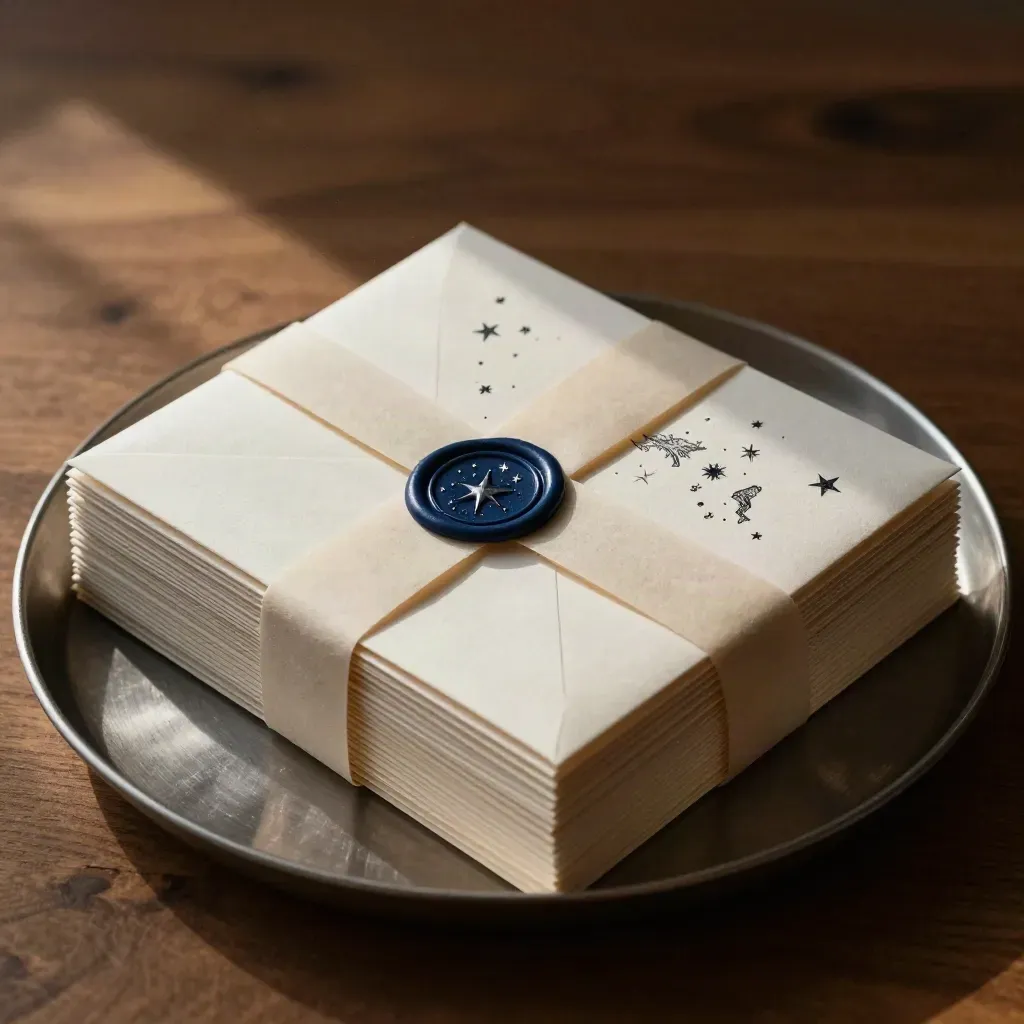 Stack of sealed celestial wedding invitations with navy wax seals and silver star map accents