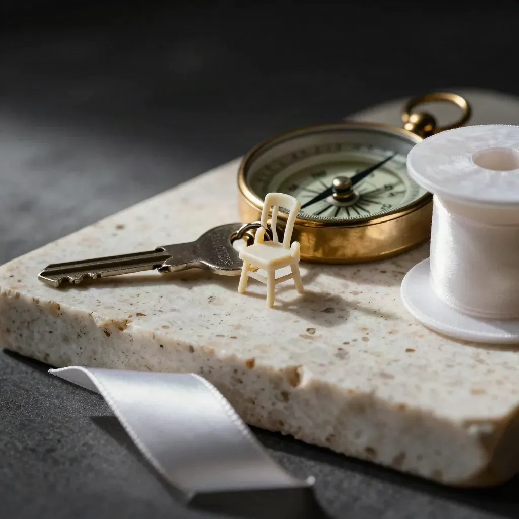Macro of brass compass, venue key ring, chair sample and satin ribbon spool on travertine.