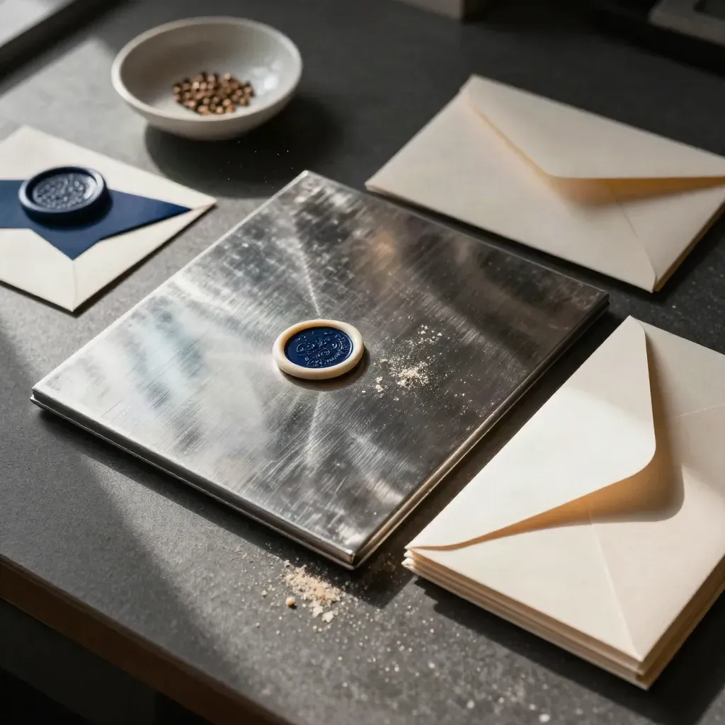 Foil press plate, wax beads, seals and reply envelopes on a dark work surface
