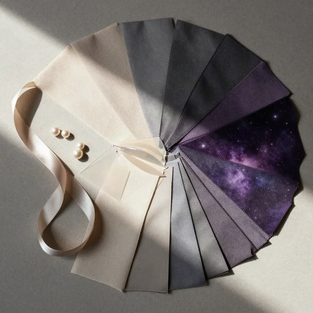 Celesial style board flatlay with swatches, ribbon, pearl beads, and vellum triangles on stone.