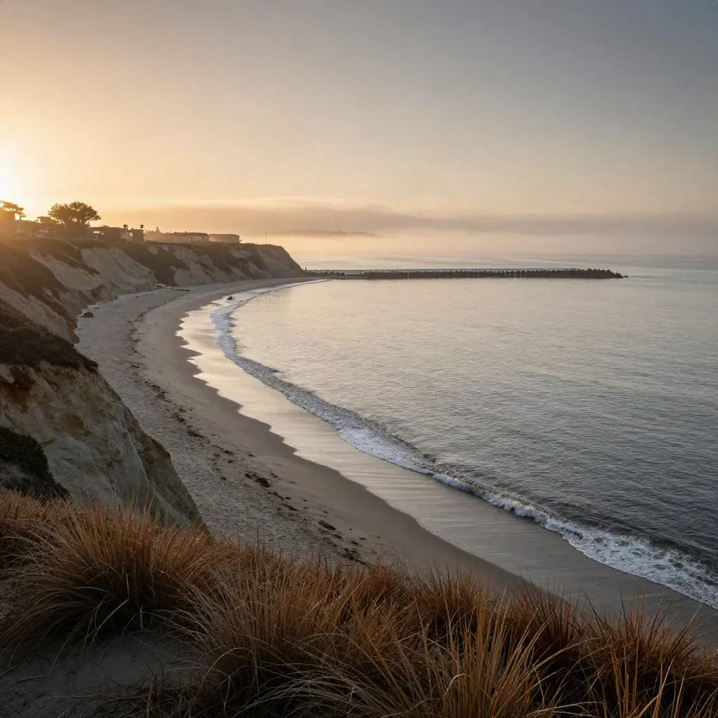 Orange County coastal bluffs and Newport harbor mouth at warm sunrise with calm mist below