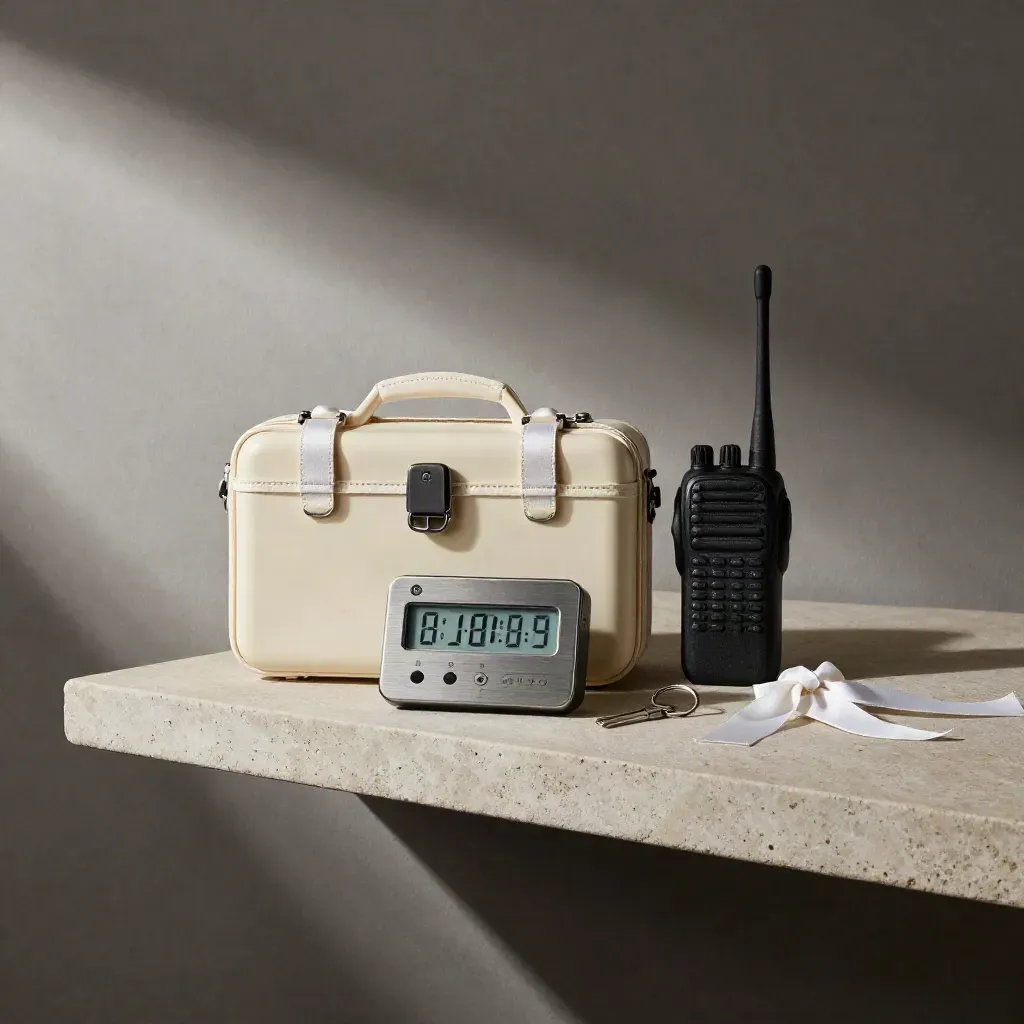 Stone shelf still life with emergency kit, countdown timer, walkie-talkie, keys, and ribbon tags.