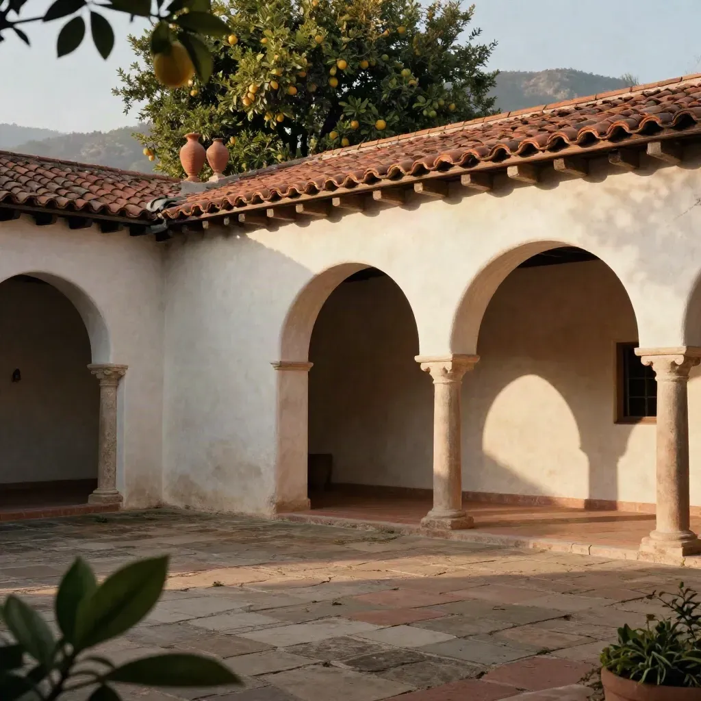 Spanish Revival Ventura County courtyard with arches, citrus trees and mountain haze at late afternoon