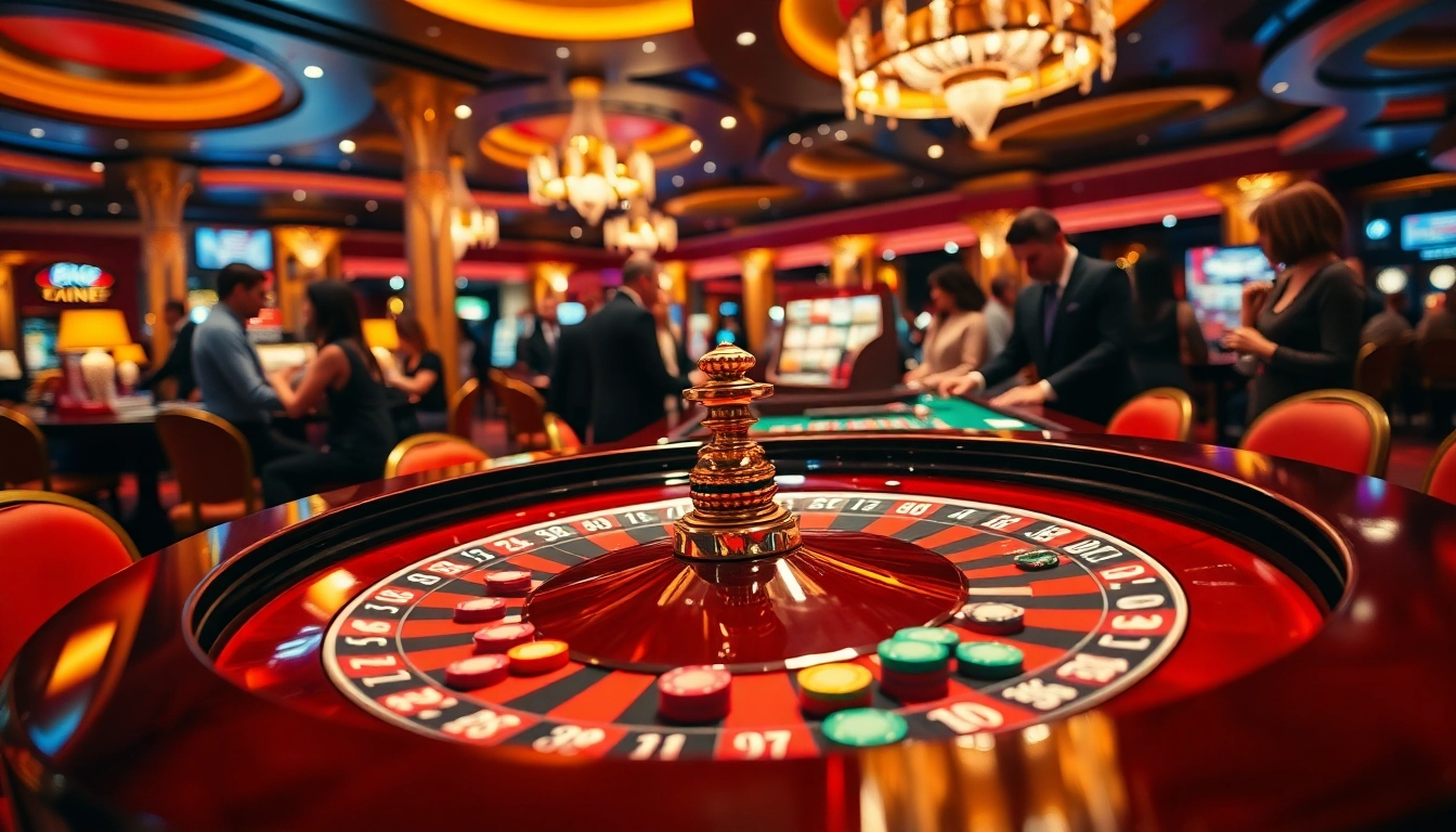 Menampilkan suasana glamour di kasino PLANET77 dengan meja roulette dan keripik warna-warni.