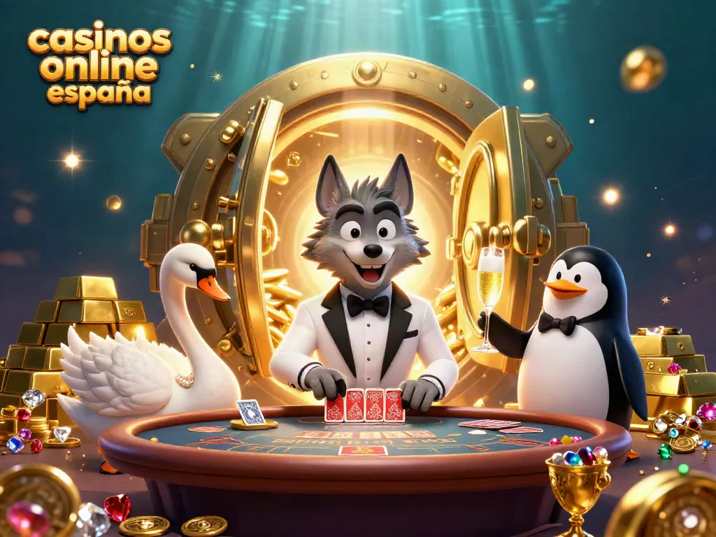 Ilustración de un casino online España con un lobo elegante, un cisne y un pingüino, rodeados de tesoros dorados y videojuegos.