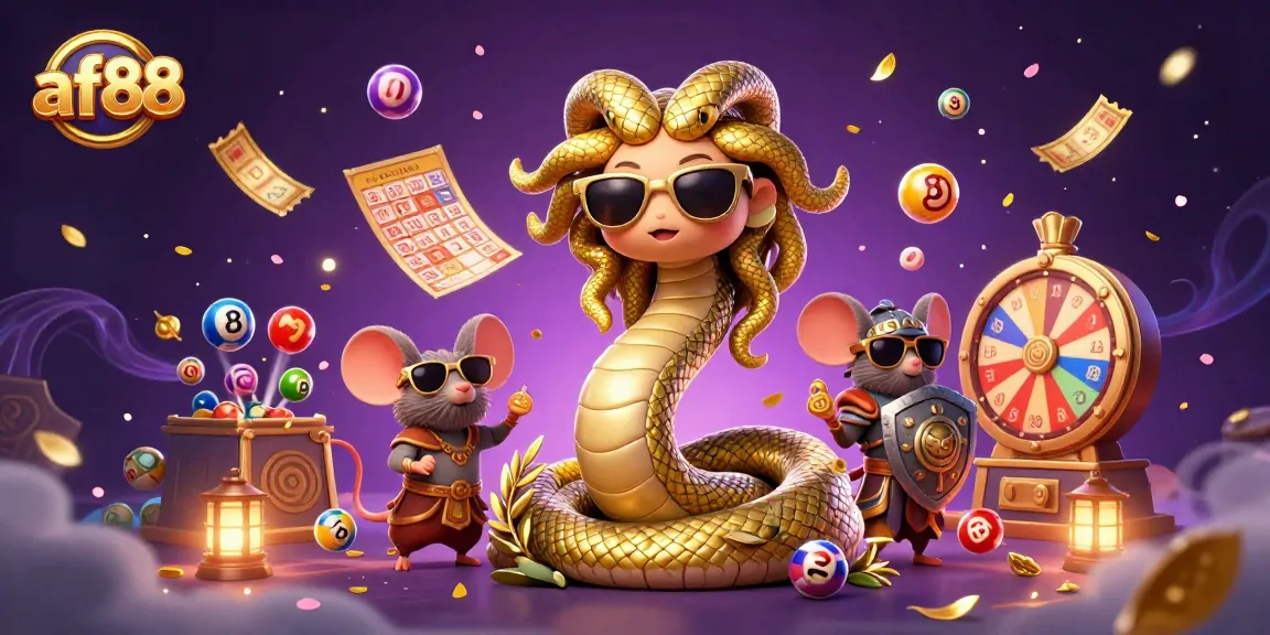 Experience excitement at af88 with lively lottery elements and charming characters in a vibrant casino scene.