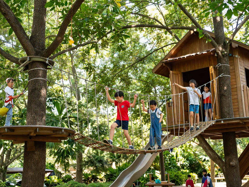 Children crossing a rope bridge in a treehouse setting, showcasing outdoor adventure and play.