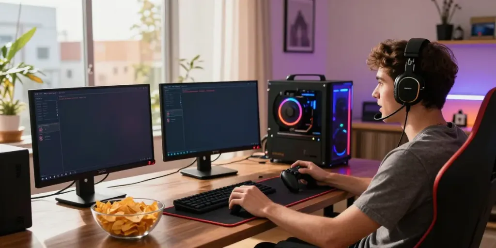 Enthusiastic gamer engaging with DU88 online platform in a dynamic home setup.