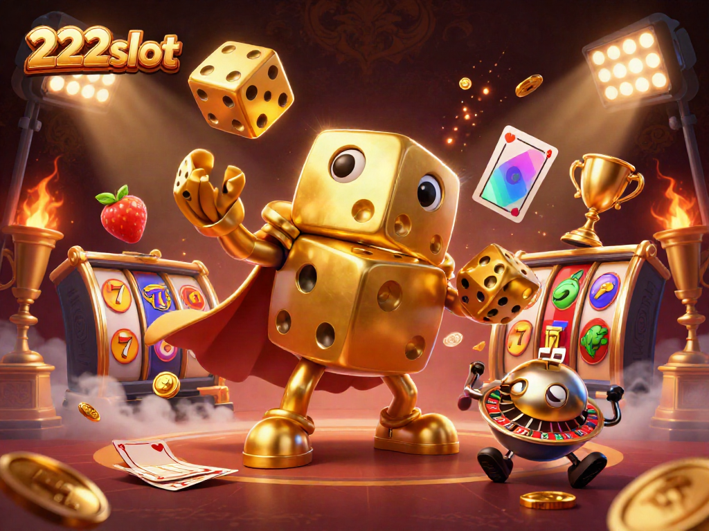 Visualisasi 222slot yang menarik dengan karakter beruntung dan simbol permainan slot yang menggembirakan.