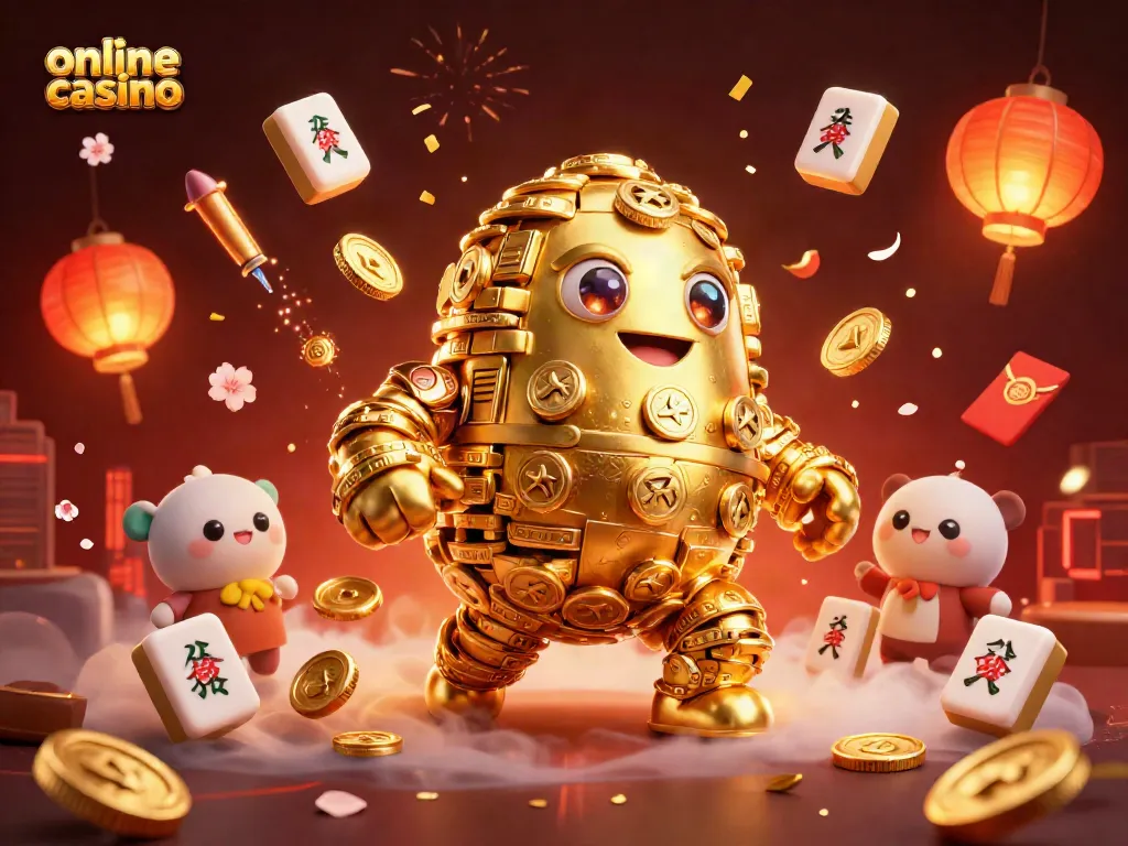 Juega en un casino online emocionante con nuestro golem dorado y los símbolos de la suerte en el fondo.