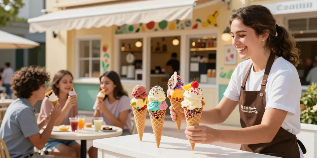 ROKOK88 ice cream shop with bright colorful desserts and happy customers.