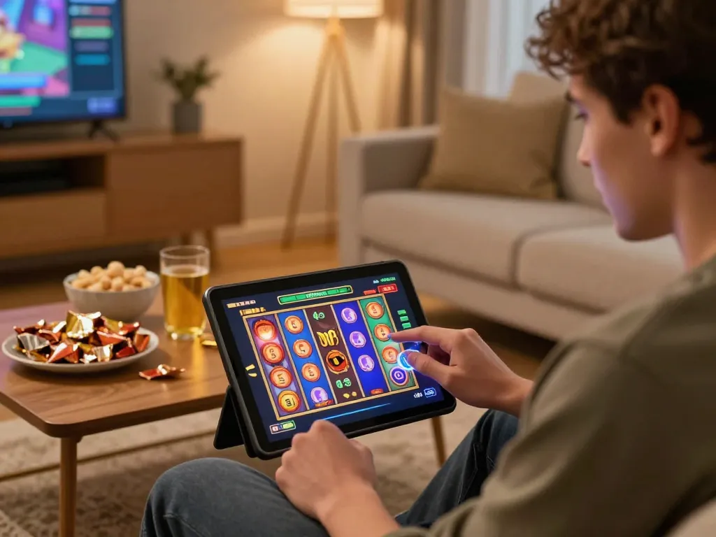 Player experiencing thrilling slot gameplay on a tablet in a cozy living room