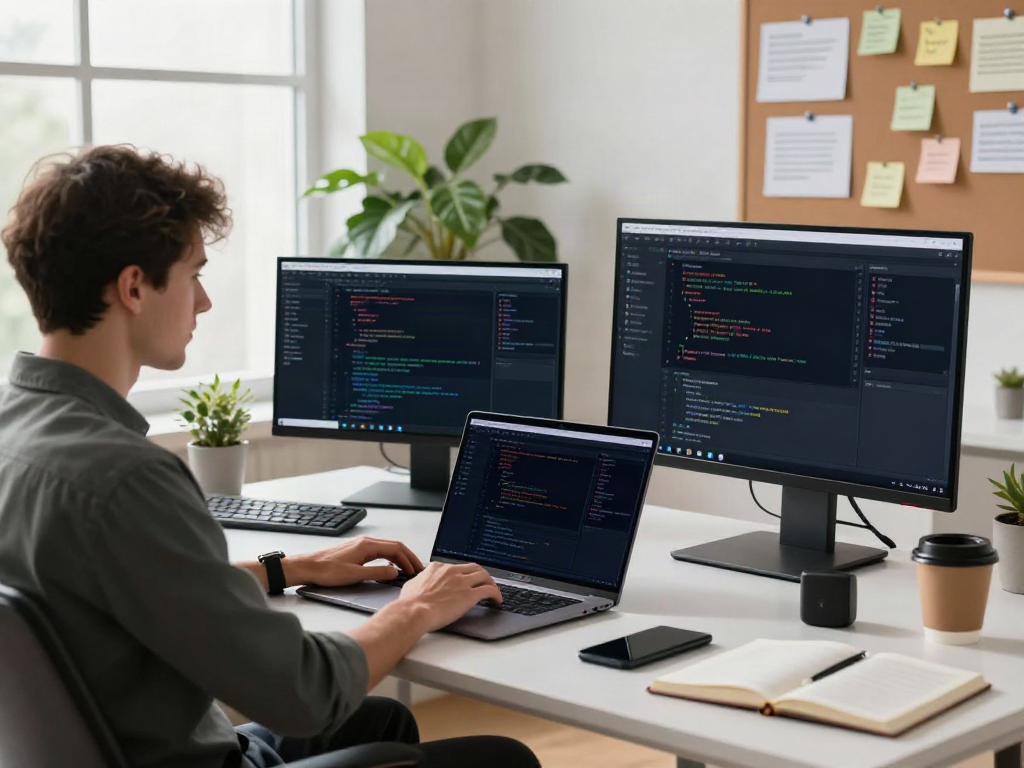 Developer using the Brave browser in a modern workspace filled with tech gadgets.