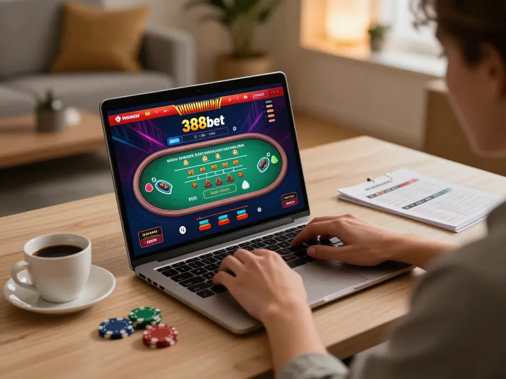 Engaging in an online gaming session at 388bet with a vibrant dealer game interface visible
