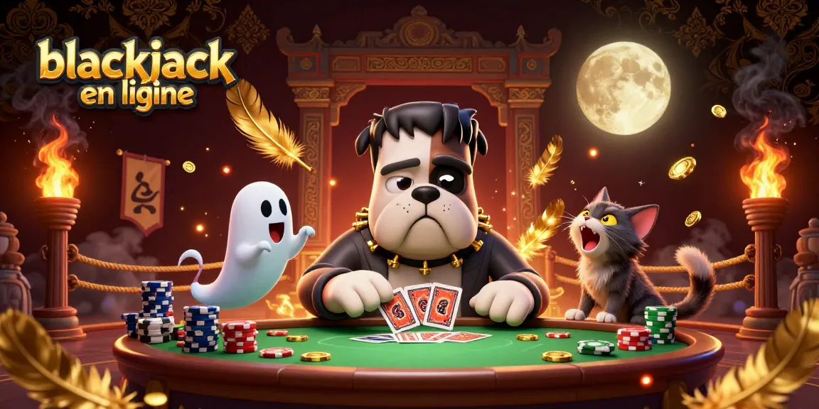 Jouer au blackjack en ligne avec un chien bulldog monstrueux et des effets de casino animés.