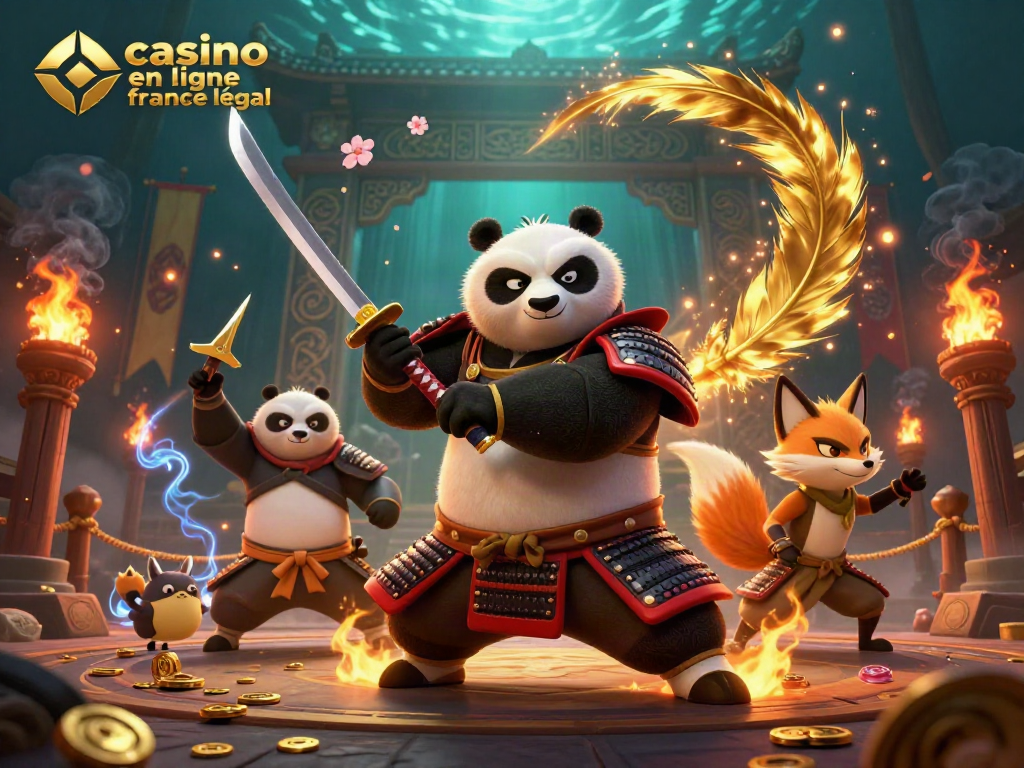 Visualisation captivante du casino en ligne légal en France avec un panda samouraï, renard ninja et tanuki magique