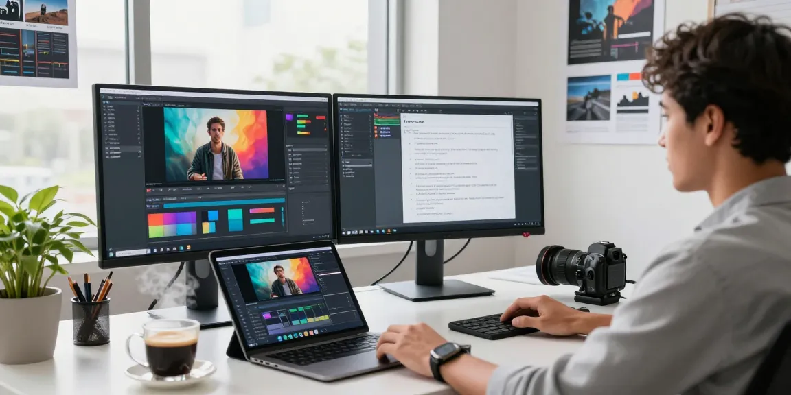 Creative professional generating video to prompt outputs in a bright workspace with dual monitors and inspiring atmosphere.