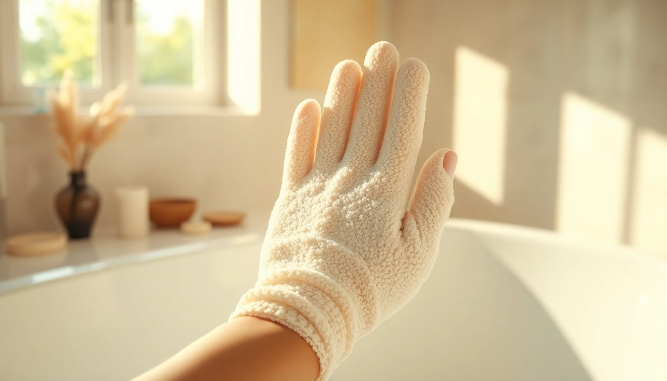 Utilizing a hand loofah glove for effective exfoliation in a serene bathroom.