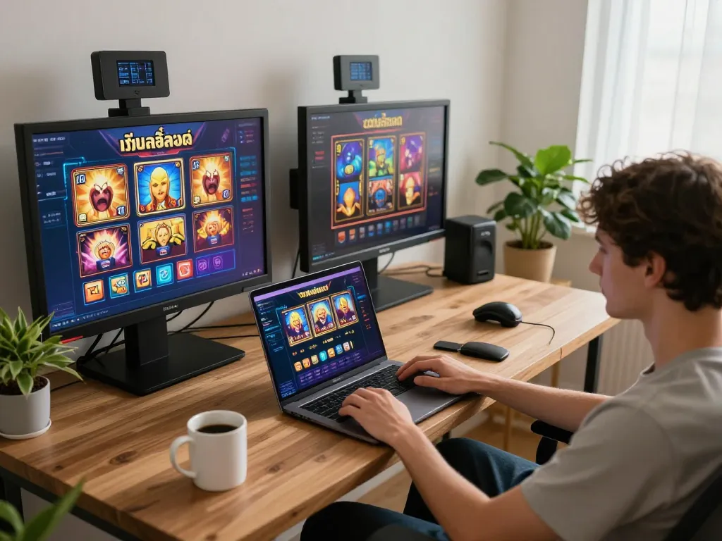 Engaging online slot gaming experience showcasing เว็บสล็อตตรง interface on laptop in home setup