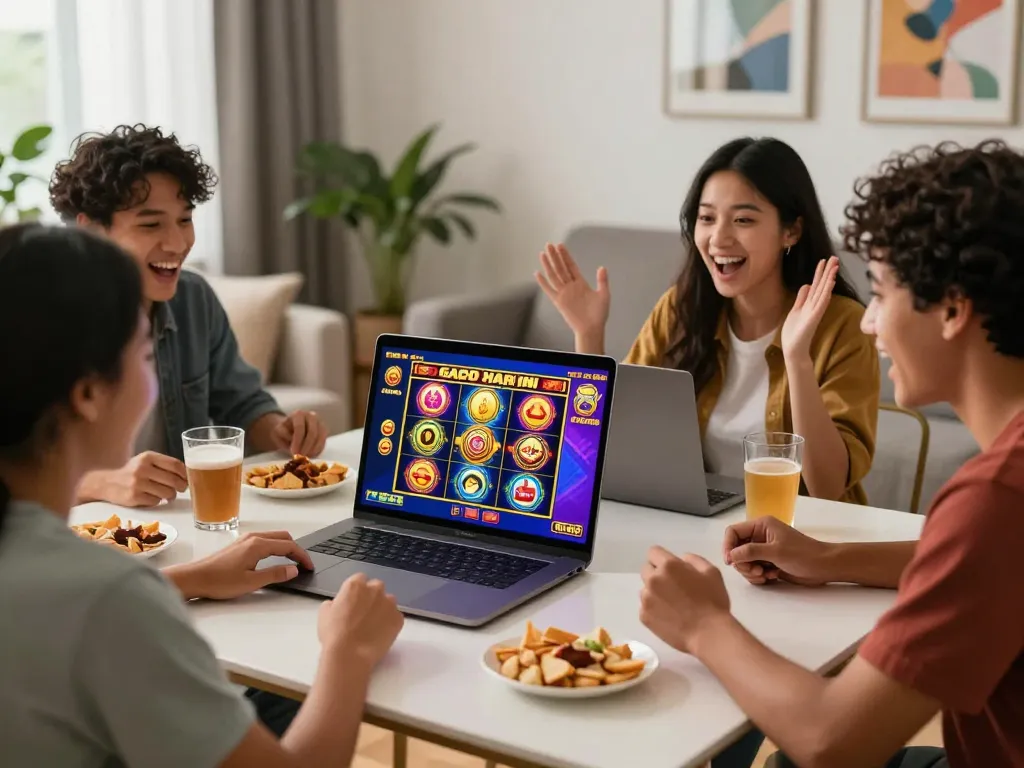 Sekelompok orang menikmati sesi permainan slot gacor hari ini di rumah dengan visual yang cerah dan makanan ringan.