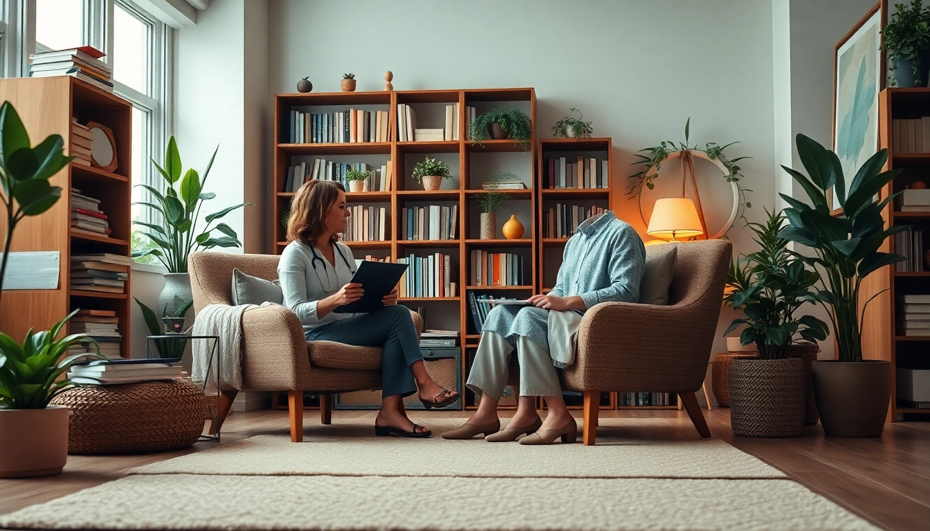 Illustration showing therapist discussing depression symptoms in a cozy office.