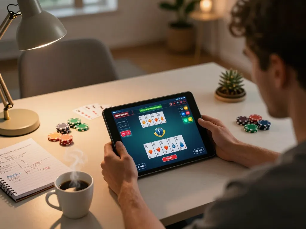 Player engaging in casino online esteri gameplay on a tablet in a cozy home office, highlighting strategic betting.