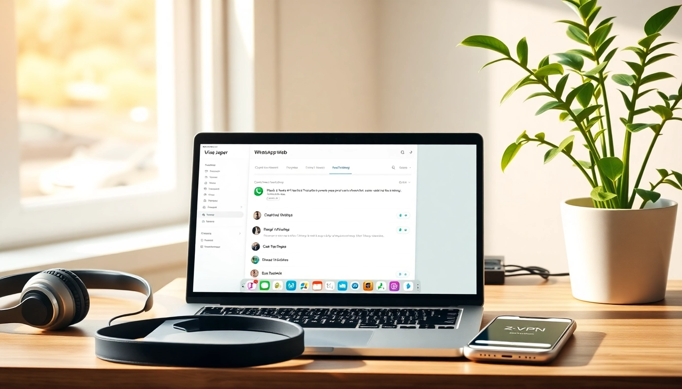 现代化家庭办公环境，笔记本上显示 WhatsApp Web 与快连VPN。明亮而宜人的工作氛围，提升工作效率。