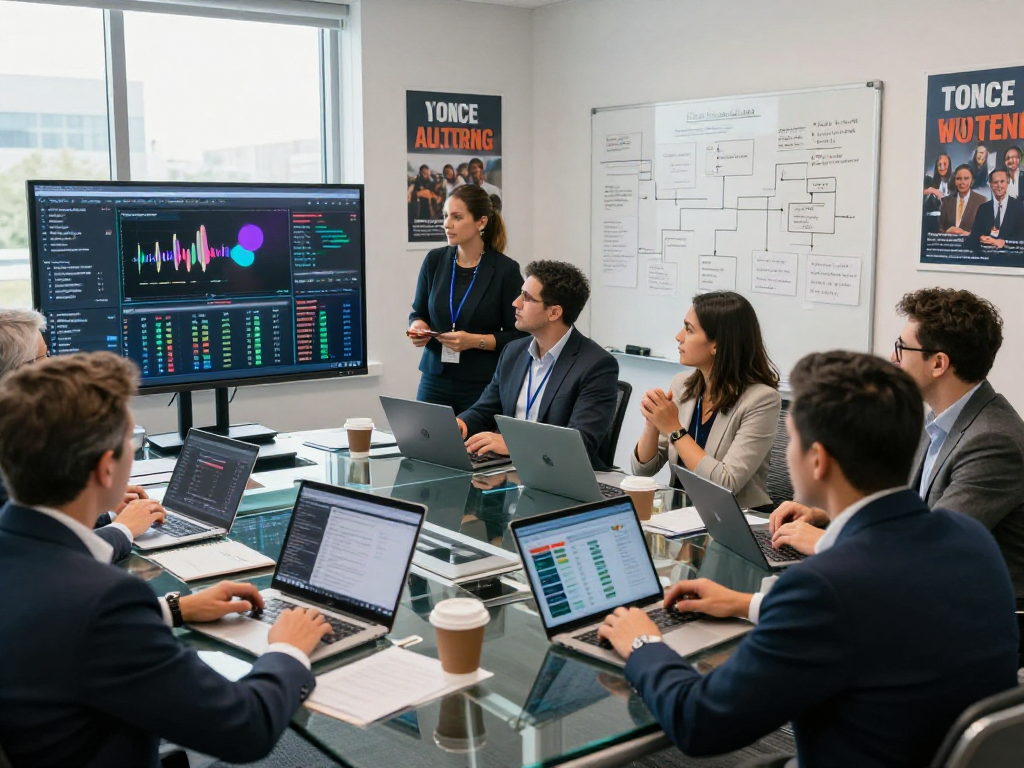 Data analysts using a predictive dialer political system in a modern campaign office.
