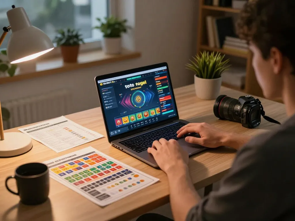 Sesi toto togel dengan pemain fokus yang merencanakan taruhan online sambil berinteraksi dengan antarmuka permainan yang berwarna-warni.