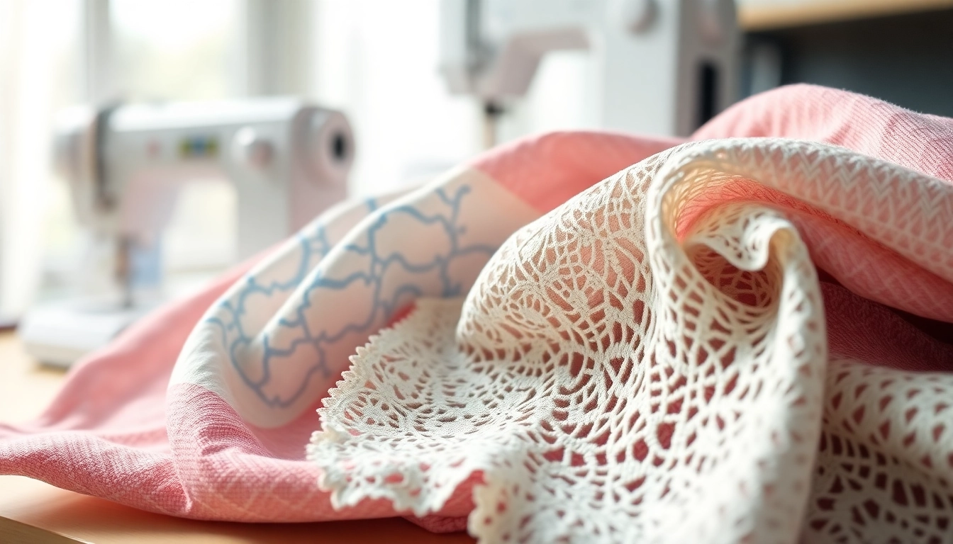 Kant stof voor kleding in diverse kleuren en texturen op een stijlvolle naaiwerkplek.