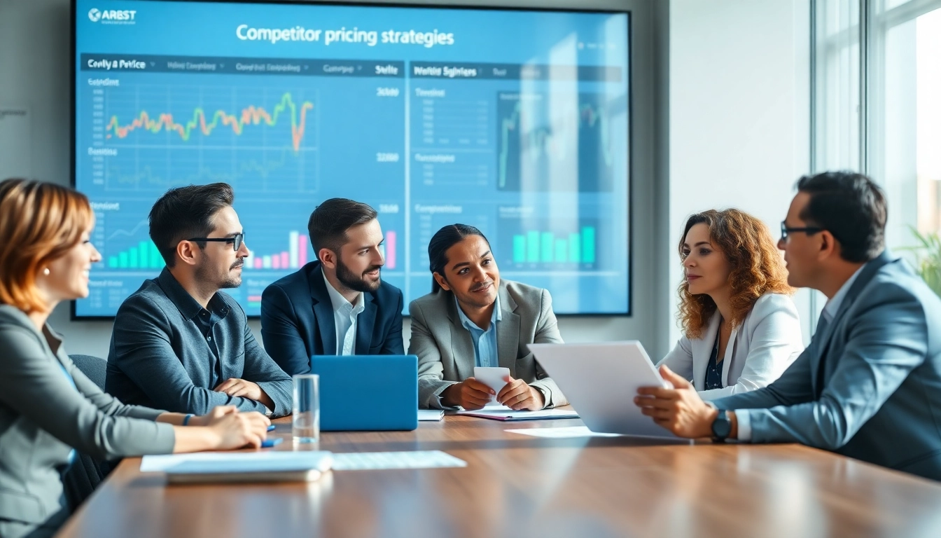 Analyze competitor pricing strategies during a business meeting with diverse professionals.