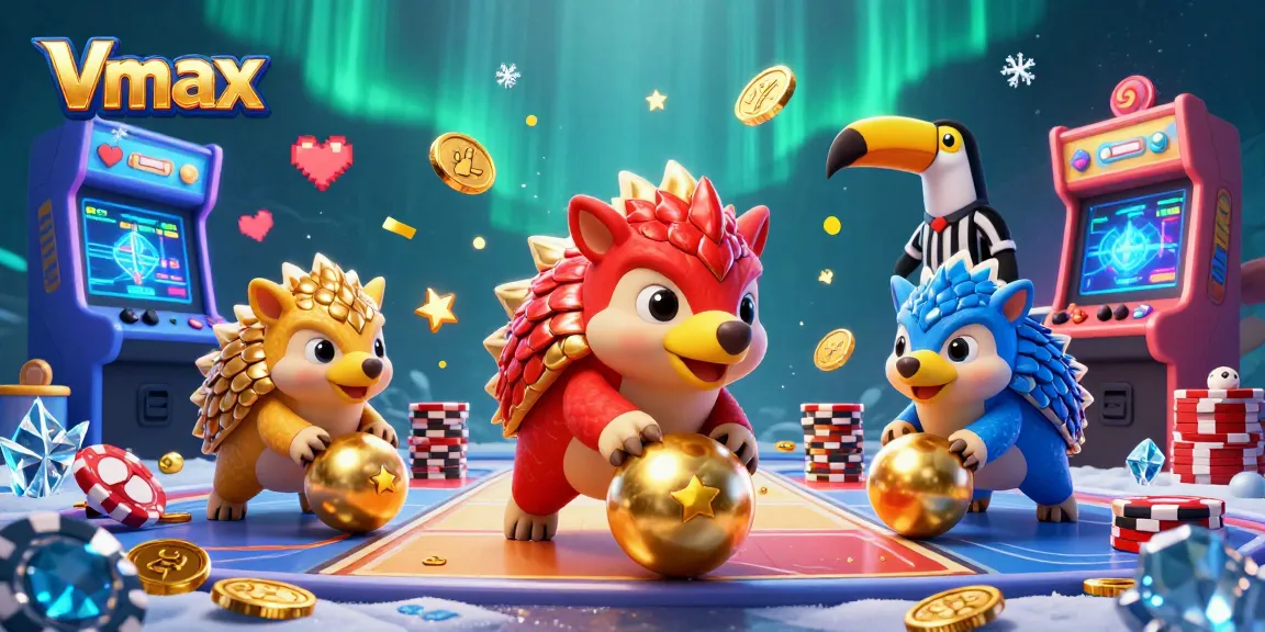 Vmax pangolins compete while bowling through poker chips in a vibrant casino game scene.