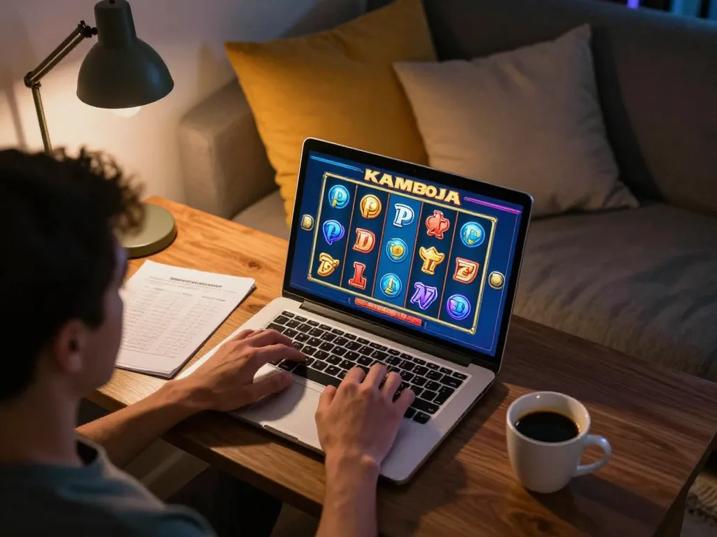 Engaging with slot kamboja gameplay on a laptop in a cozy home setting, focusing on spinning reels and bankroll management.