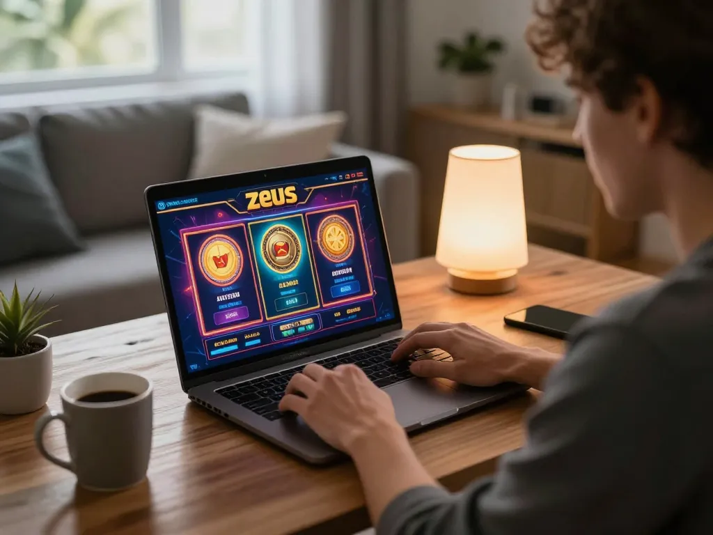 Pemain memutar game slot Zeus di lingkungan rumah yang nyaman dengan laptop.