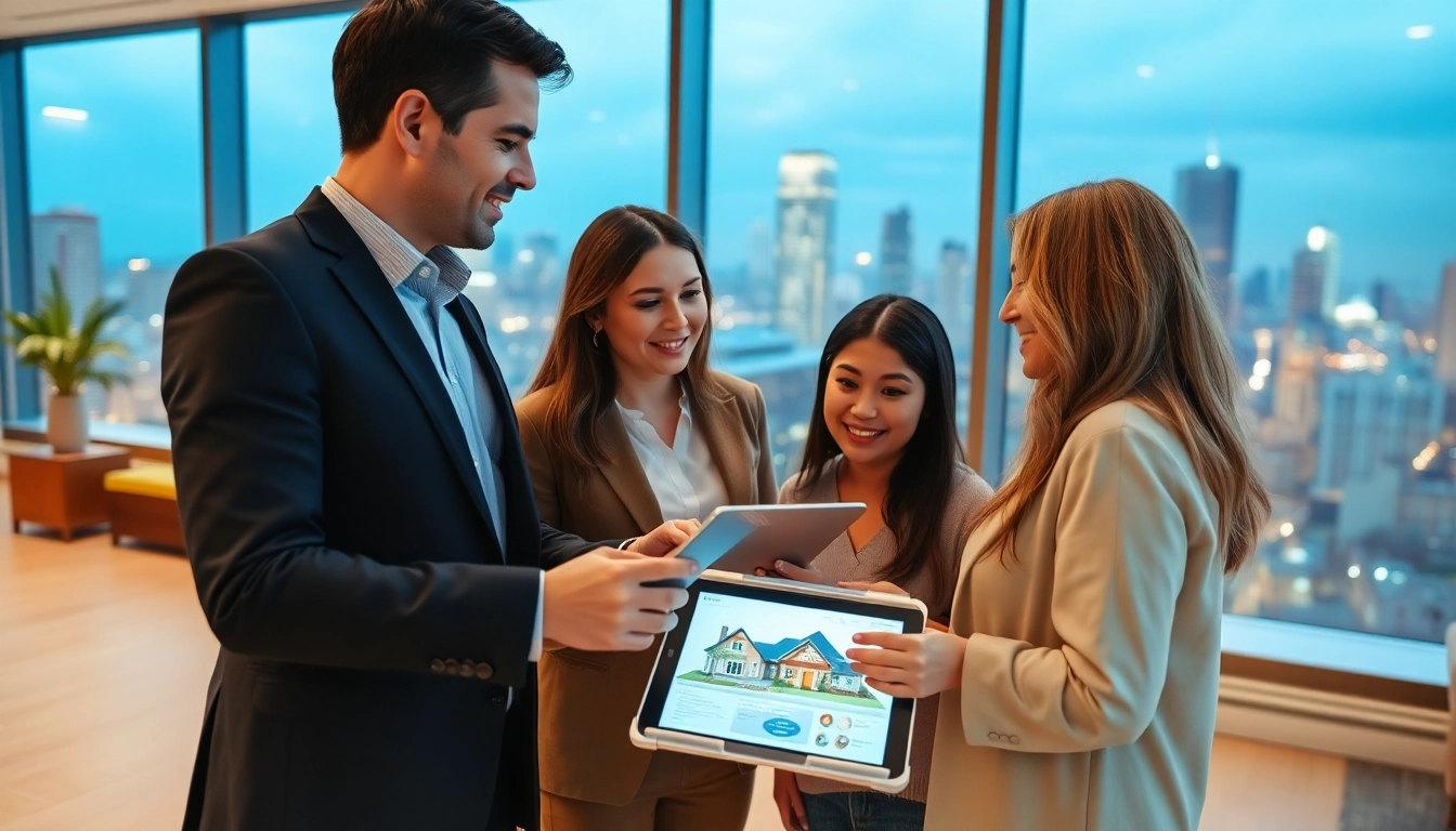 Real Estate agent consulting clients in office, highlighting personalized service.