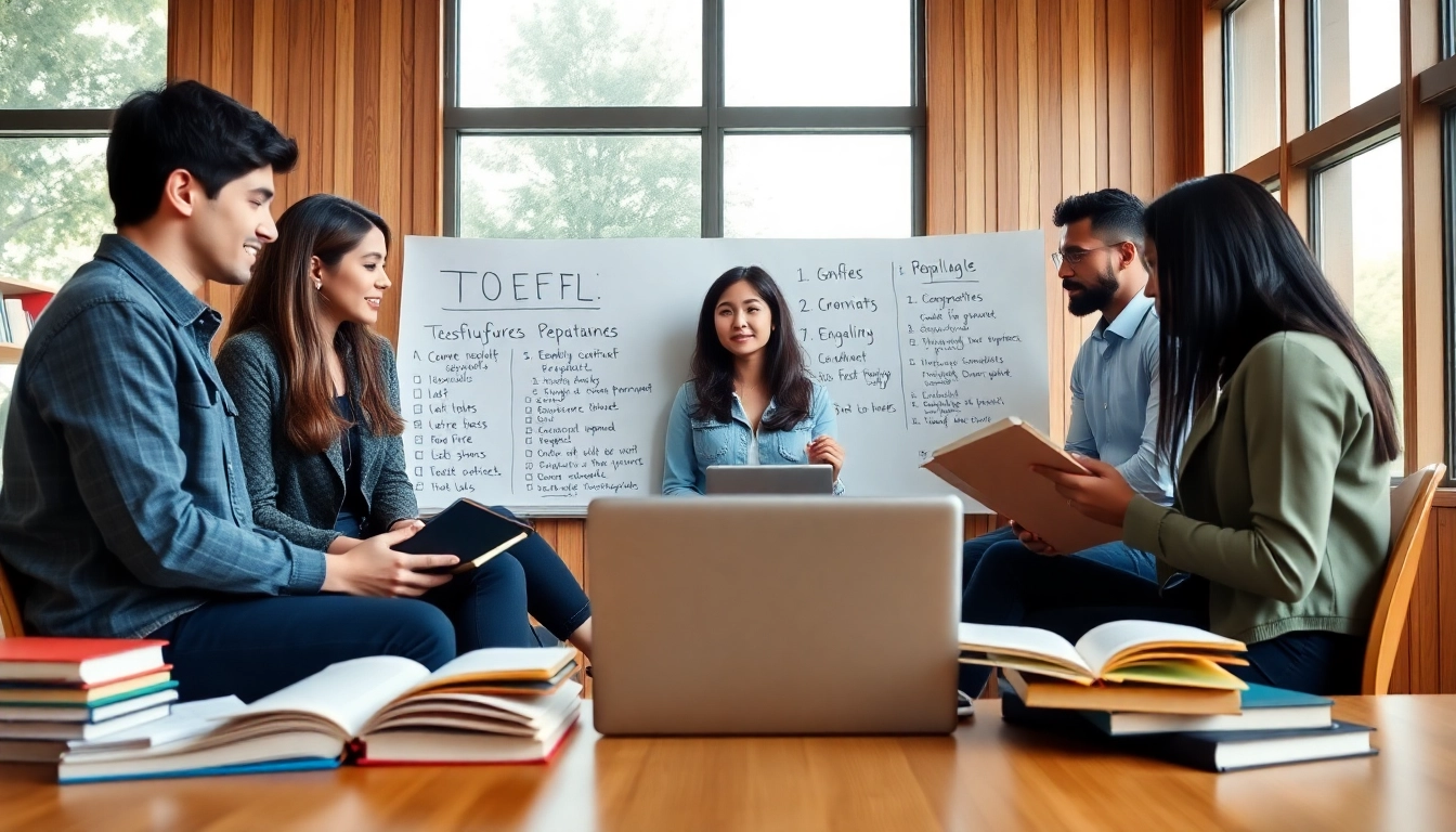 Students receiving toefl expert help in a bright study room with books and notes.
