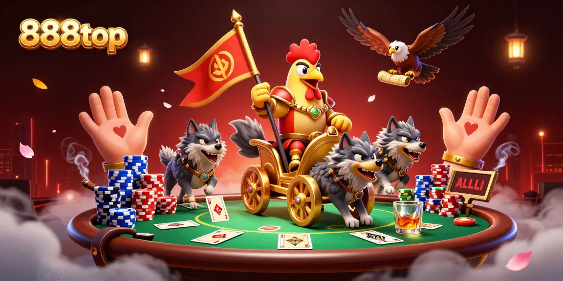Engage with 888top's dynamic gaming scene featuring a rooster warlord amidst poker elements and vibrant casino atmosphere.