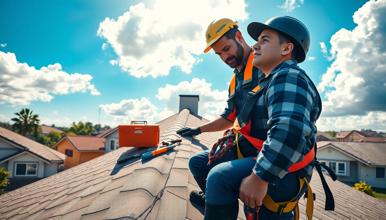 Inspecting professional roofing services on a residential roof with tools and safety gear.