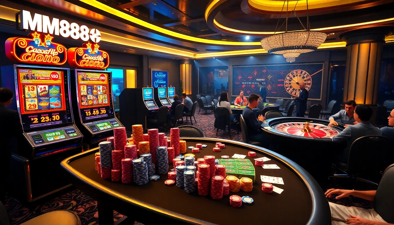 Exciting MM88 online gambling scene with vibrant slot machines and poker tables in a luxurious setting.