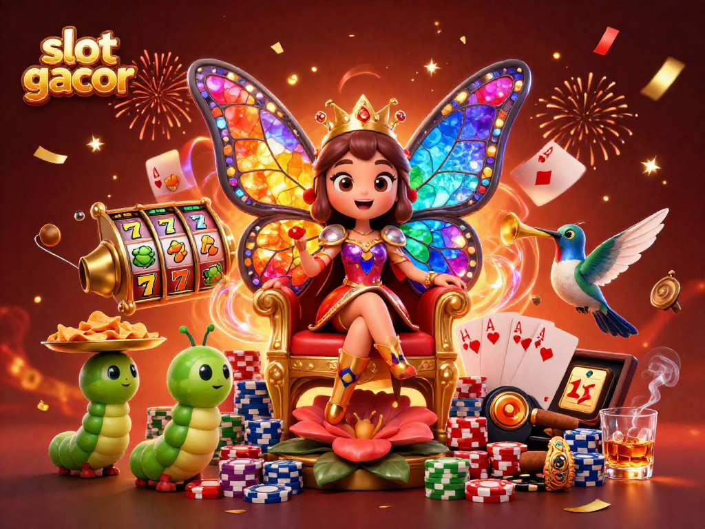 Menghadirkan suasana slot gacor dengan ratu kupu-kupu, simbol keberuntungan, dan chip poker berkilau.