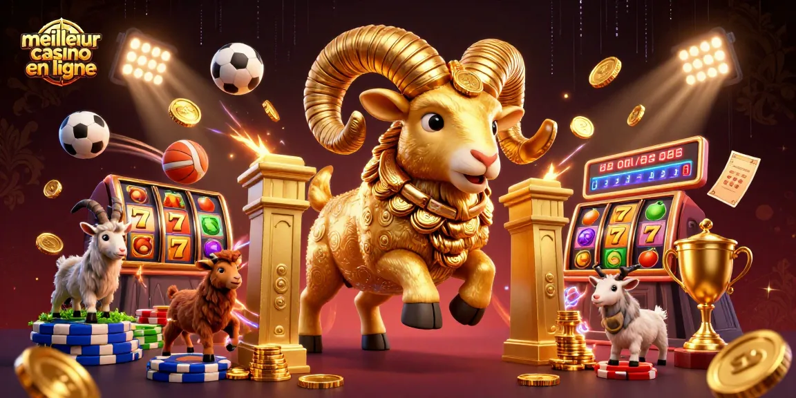 Illustration dynamique du meilleur casino en ligne avec un bélier doré et des éléments de jeux de casino.