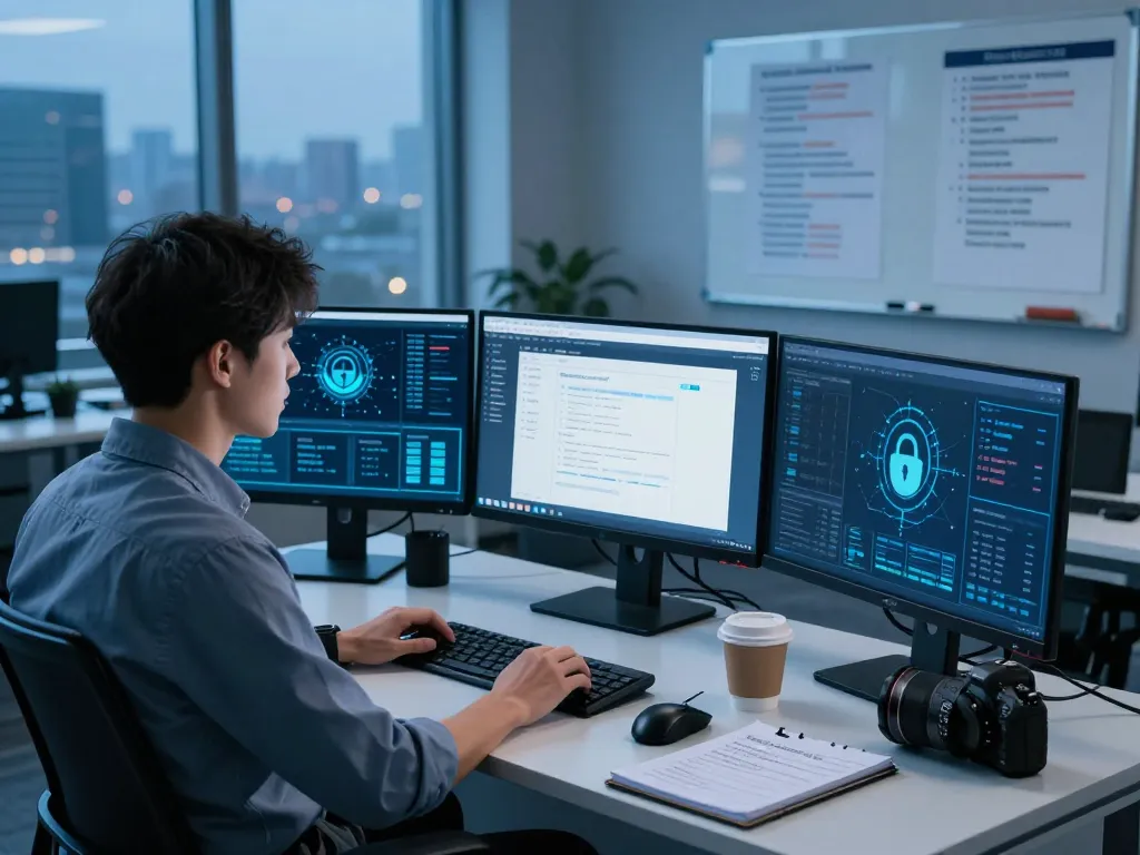 Security inspection at https://shs-dome5.com/ showing IT technician monitoring browser verification for safe access.