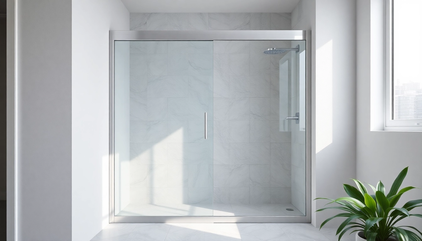 Explore sleek sliding shower doors in a bright bathroom, featuring elegant glass and chrome details.