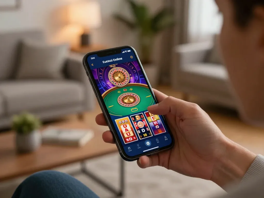 Engaged player using casino europei online app on smartphone in cozy modern living room setting