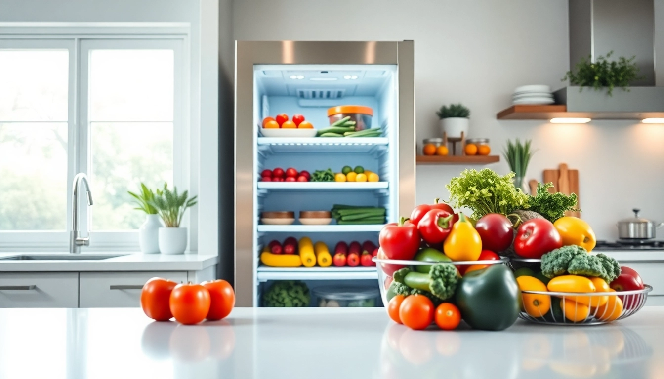 Organize fresh produce in a modern Freezer with sleek designs and bright surrounding kitchen.