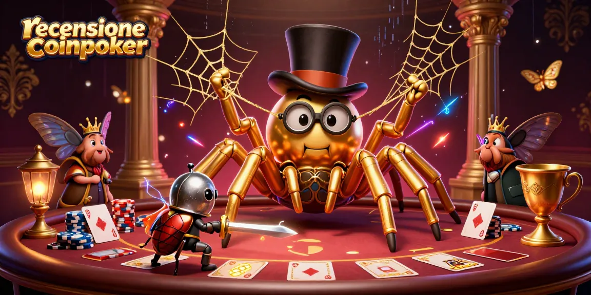 Scopri la recensione CoinPoker con un ragno dorato e un cavaliere scarabeo in un'illustrazione coinvolgente.