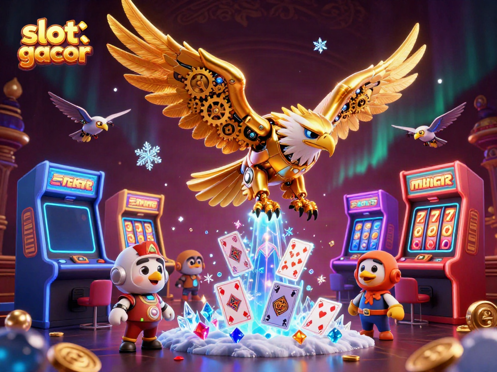 Slot gacor menampilkan elang emas cybernetic yang terbang melalui kartu bermain holografik dan mesin slot.